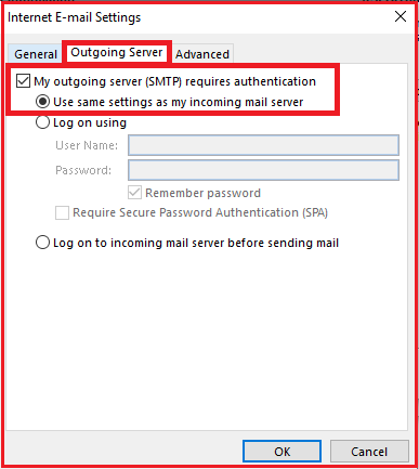 click on outgoing server outlook