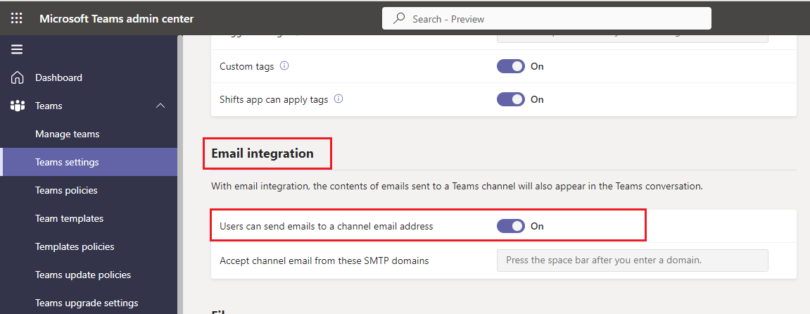 enable send emails to teams channels