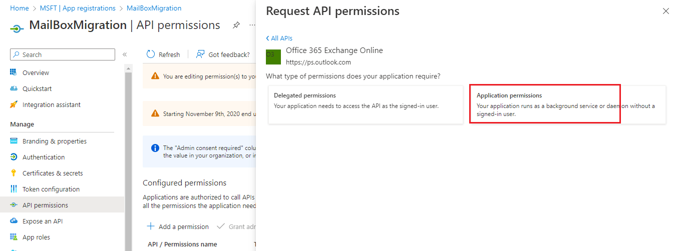 click on the application permissions
