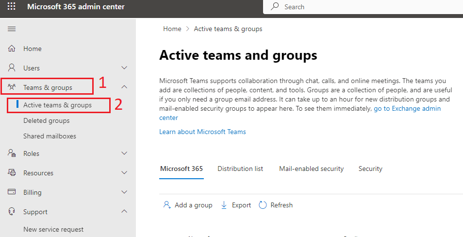 click active teams and groups