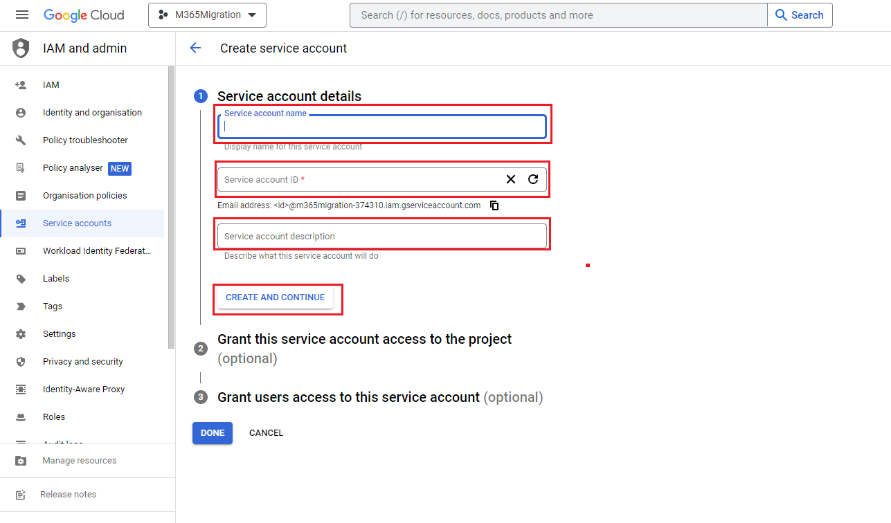 Provide service account details