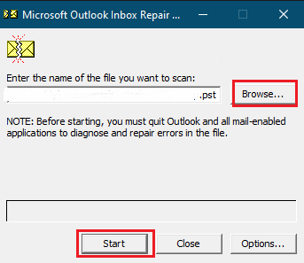open scanpst.exe and browse file