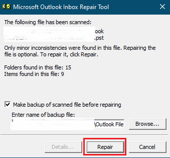 repair or fix PST file