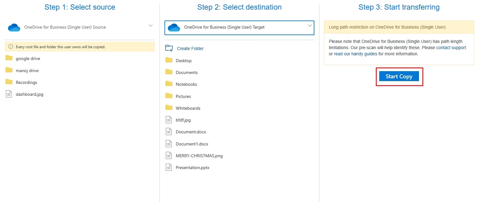 click on start copy to transfer OneDrive files to another account