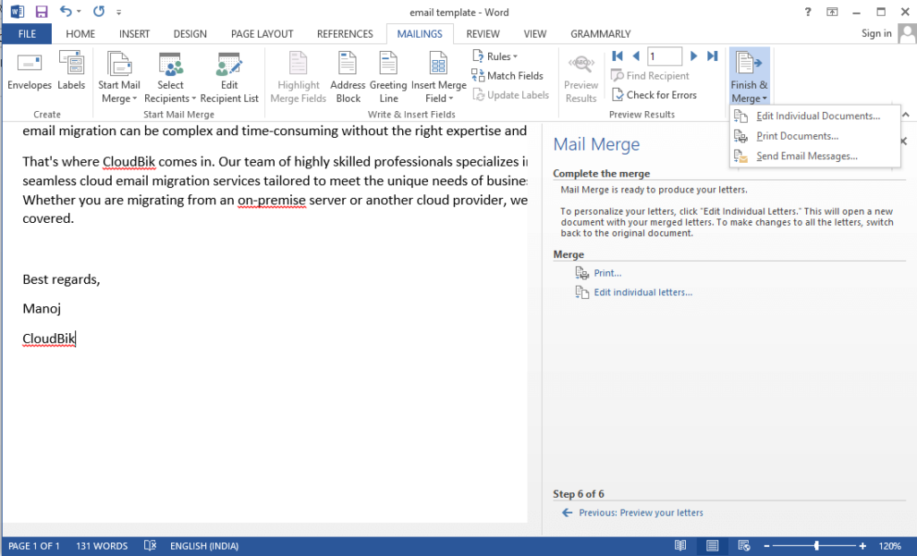 how to send mail merge using outlook