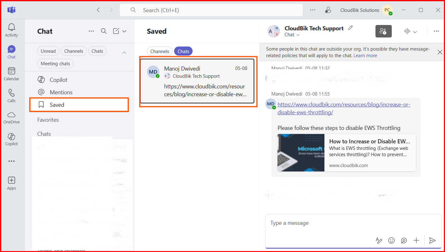 Microsoft Teams saved messages