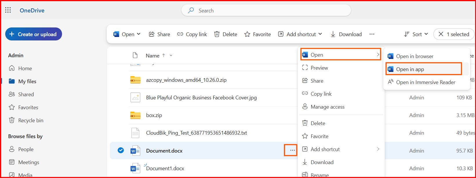 OneDrive Open in app feature
