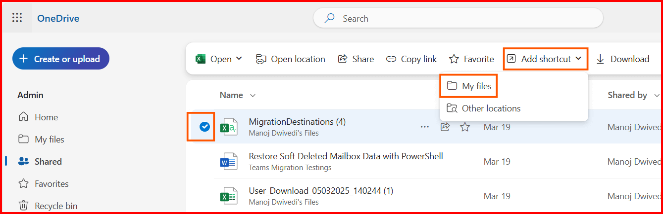 add shortcut to my files