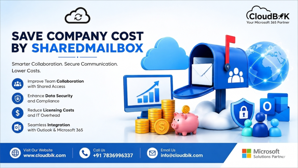 Shared mailbox concept illustrating how businesses reduce licensing costs by enabling multiple users to access a single mailbox instead of individual licensed accounts, promoting cost savings and efficient collaboration.