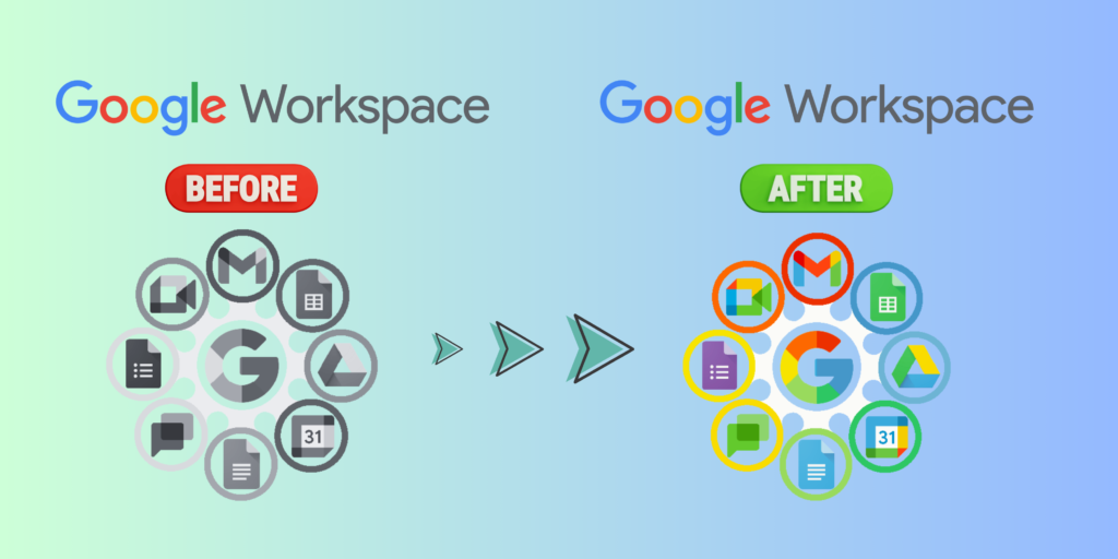 Google Workspace icon redesign comparison showing the transition from legacy gray application icons to a unified, multicolored visual identity across Google Workspace apps.